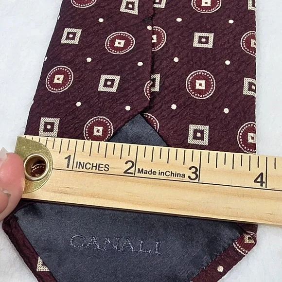 Canali Tie 100% Silk Maroon Geometric Print 4in Mens Handmade In Italy - Picture 7 of 7